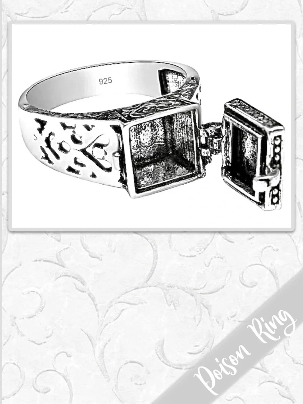 Heart & Scrolls Eclectic Artisan Poison Ring, 6, 6.5, 7, 7.5, 8 (Silver / Black)